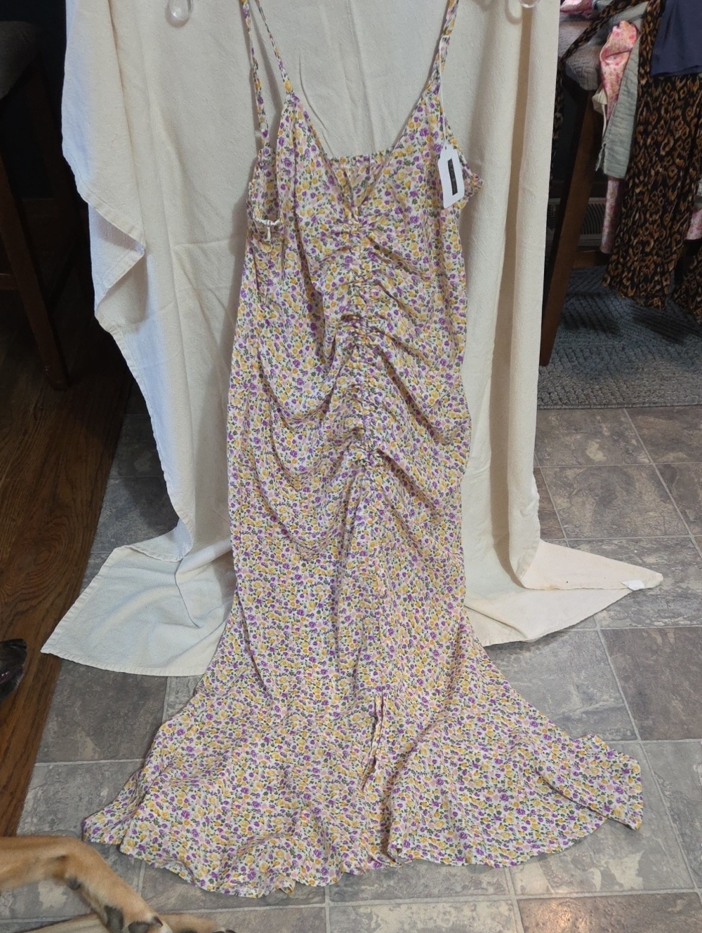 Cupshe Yellow and Purple Floral Ruched Maxi Slip Dress